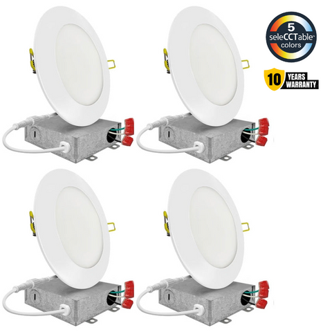 4" Inch White Round Slim Recessed LED Lights, Watt Switch 8W/10W/12W, 5CCT Switch